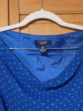 Chaps Blue Chiffon Polka Dot Dress Cowl Neckline Flared Godet